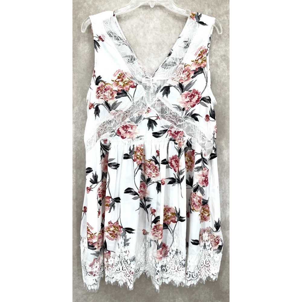 Umgee‎ Floral Lace Trim Sleeveless Mini Dress Size Large White Pink Boho NWT